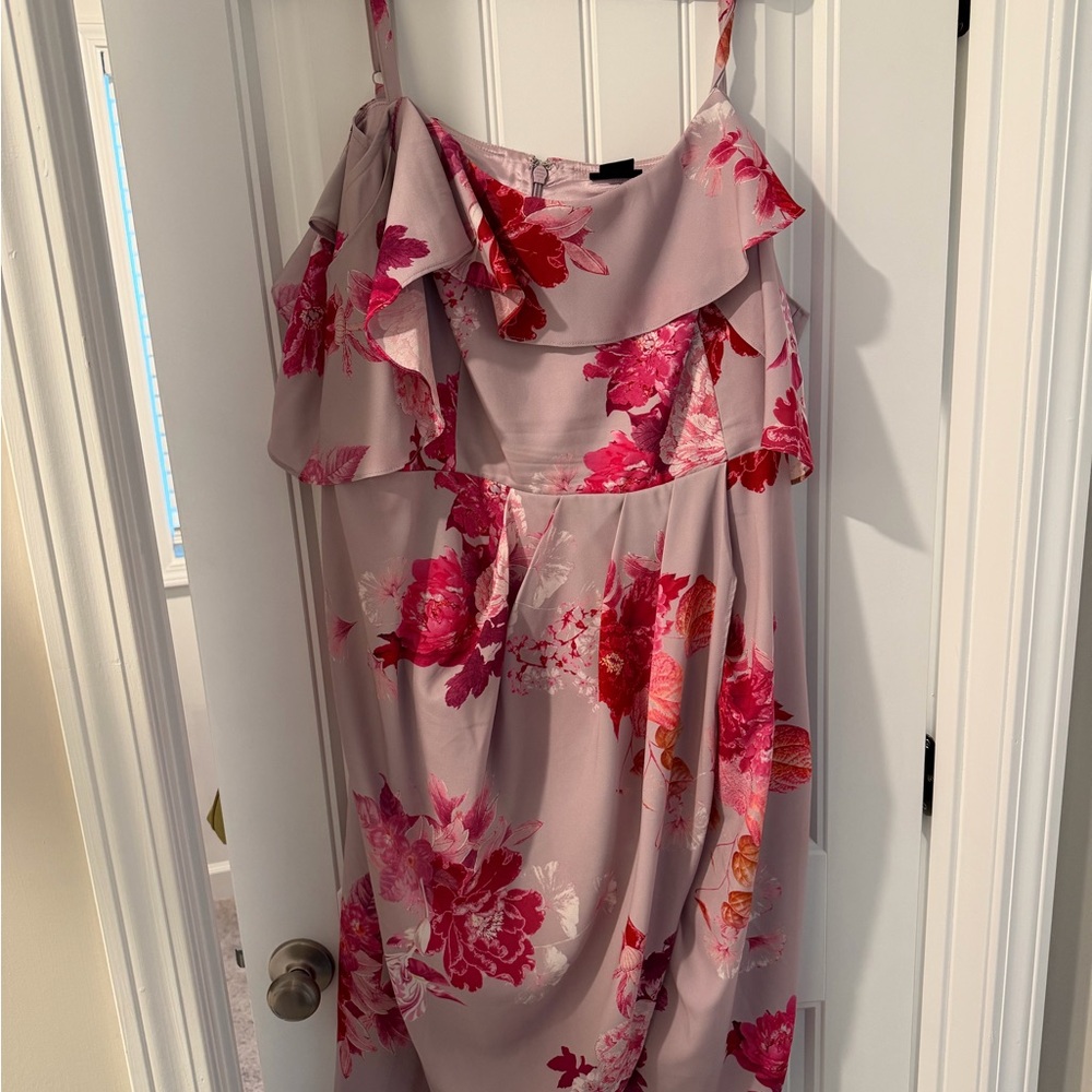 City Chic Strapless Floral Dress in Pink and Red